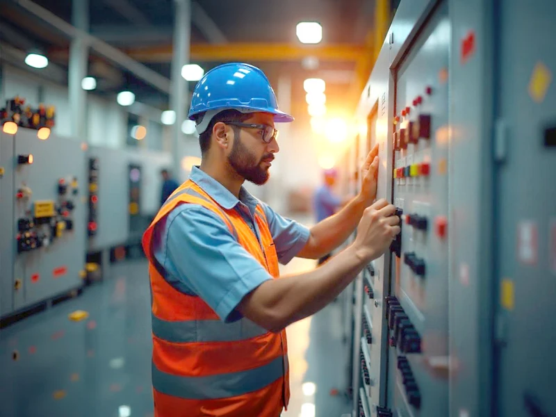 Electrical engineer inspecting industrial control panels — electrical works and maintenance Abu Dhabi